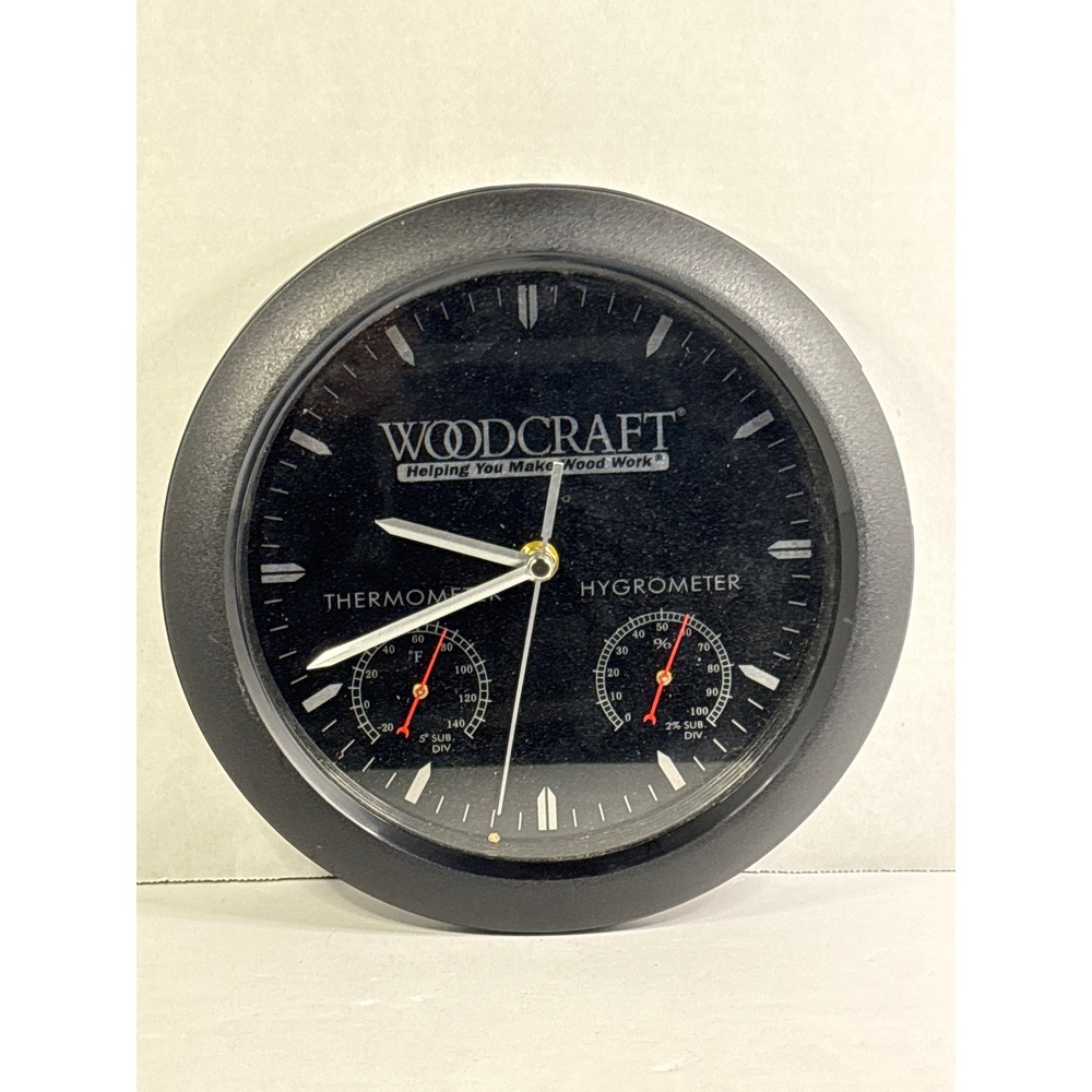 Woodcraft Wall Clock Thermometer Hygrometer Black Workshop Decor Quartz 10 Inch